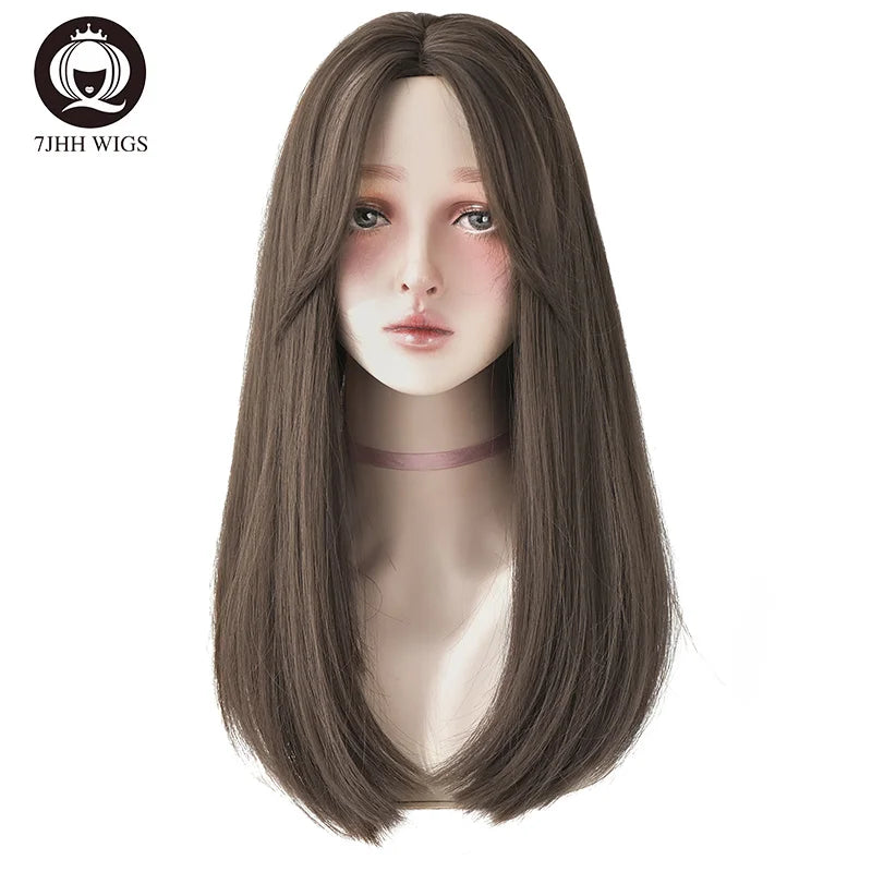 Long Wavy Synthetic Black Wigs For Women With Fringe Fashion Heat Resistant Mid-Length Daily Straight Light Brown Hair