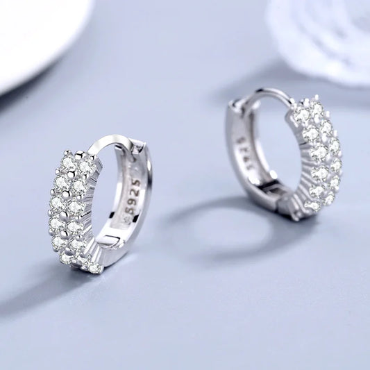 Sterling silver needle Earrings Fashion High Quality Jewelry Double Row Crystal Zircon Round Stud