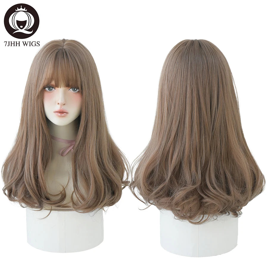 Long Wavy Synthetic Black Wigs For Women With Fringe Fashion Heat Resistant Mid-Length Daily Straight Light Brown Hair