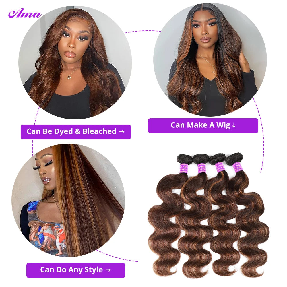 FB 30 Brown Highlight Bundles With Closure Ombred Body Wave Bundles With Closure 1b 4/30 Colored Human Hair Bundles With Closure