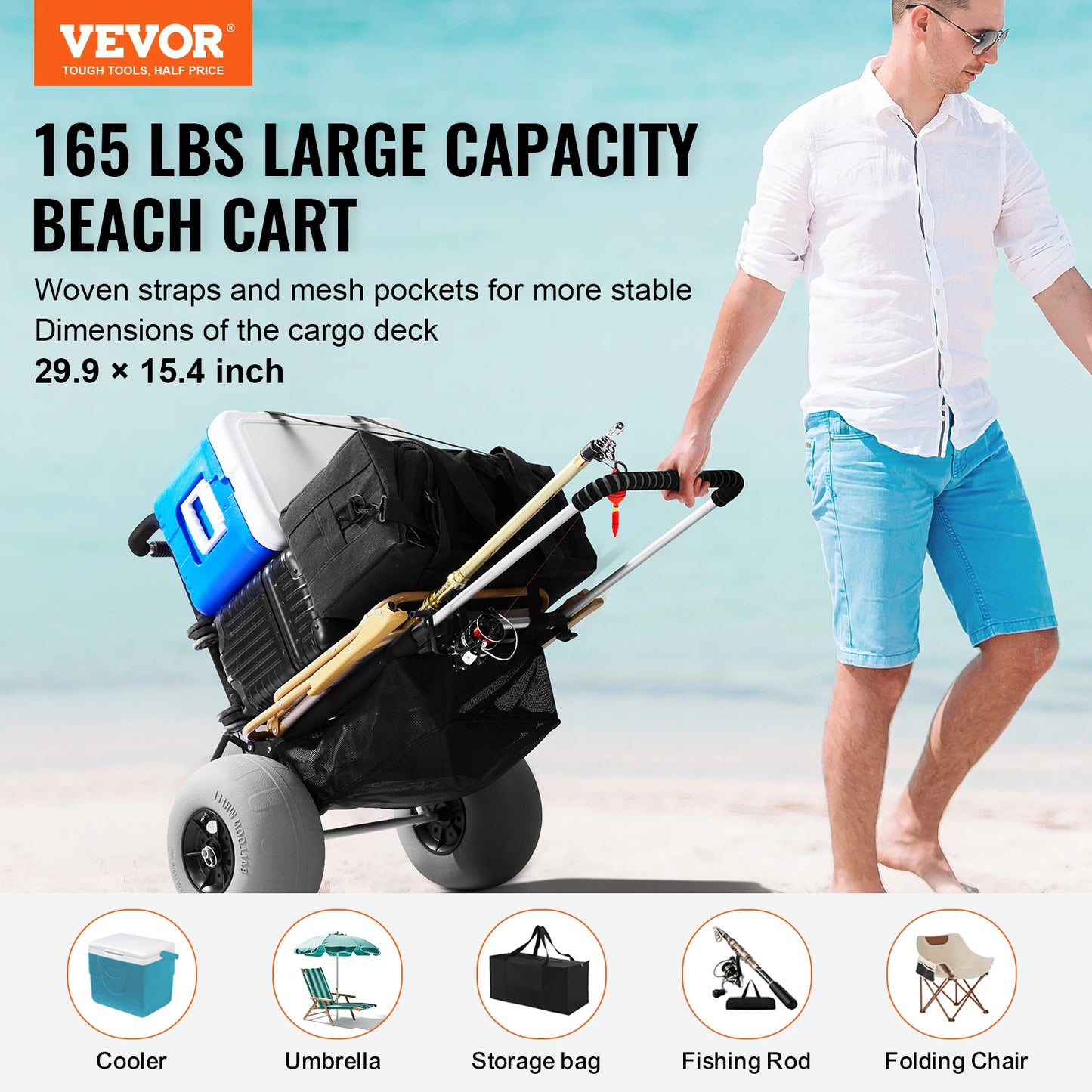 VEVOR Beach Dolly with Big Wheels for Sand 29.9"x15.4" Cargo Deck w/ 12" Balloon Wheel 165LBS Loading Capacity Folding Sand Cart