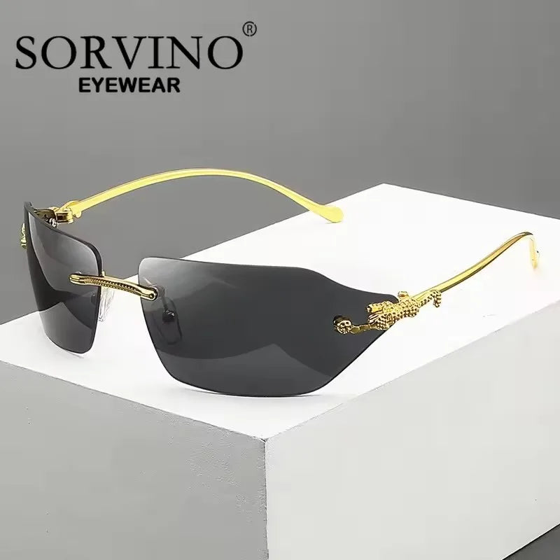 Retro Leopard Sunglasses For Women Men Metal Gold Polygon Rimless Gradient Brand Fashion Glasses UV400