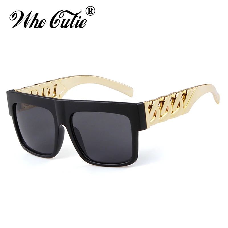 Oversized Sunglasses Men Women Brand Design Flat Top Retro Square Black Sun Glasses Gold Plastic Chain Frame