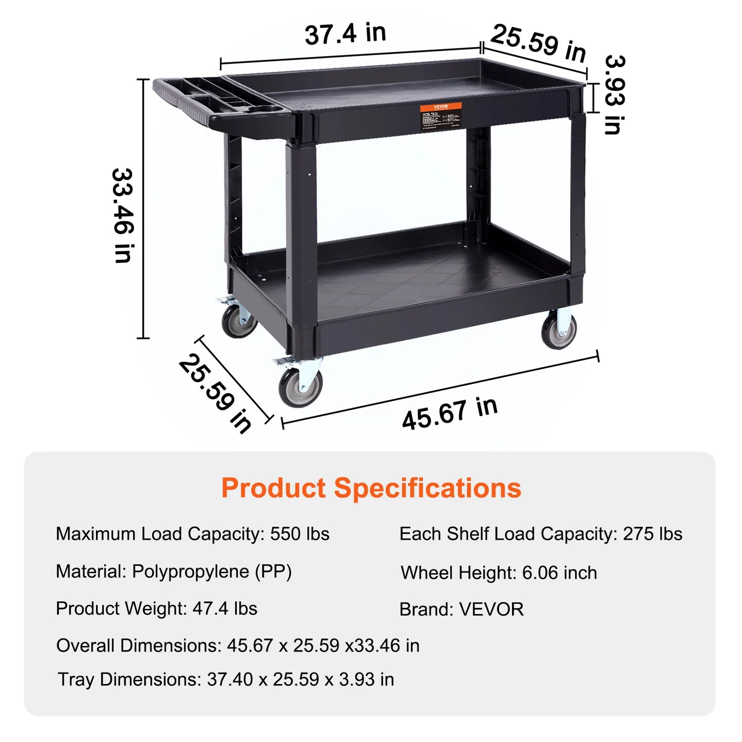 VEVOR 2/3 Shelf Utility Service Cart Heavy Duty with 360° Swivel Wheels Ergonomic Storage Handle for Warehouse/Garage/Cleaning