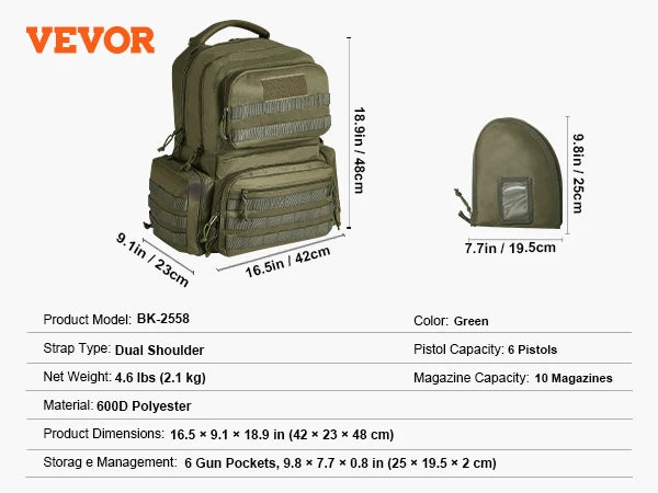 VEVOR Tactical Range Backpack 2/6 Pistols Gun Backpack with Independent Pistol Bags & 6/10 Magazines Pistol Backpack for Outdoor