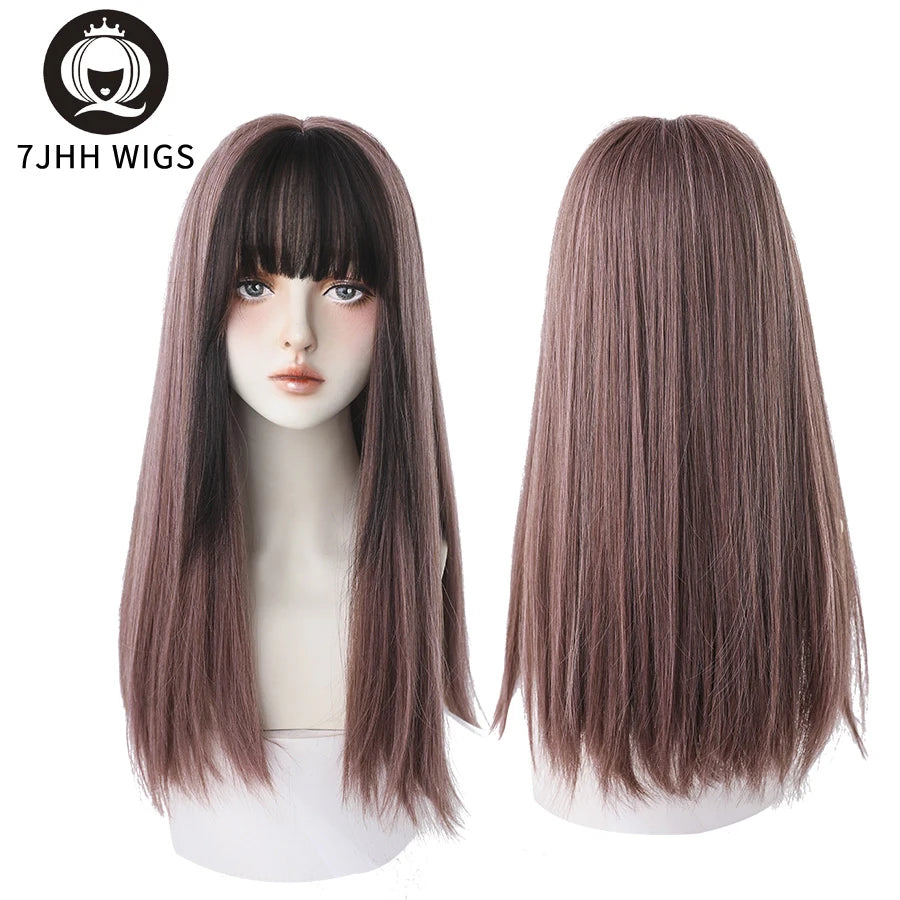 Long Wavy Synthetic Black Wigs For Women With Fringe Fashion Heat Resistant Mid-Length Daily Straight Light Brown Hair