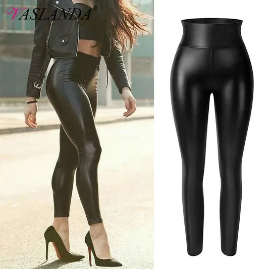 Leather Pencil Pants Women Sexy Tight Booty Up Skinny Leggings Faux Trouser High Waisted Tummy Control Slim Leggings