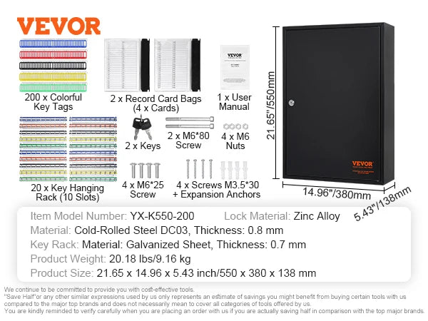 VEVOR 48/100/200-Key Cabinet Key Lock Box W/ Adjustable Racks Security Key Storage Box Key Organizer for School Office Hotel