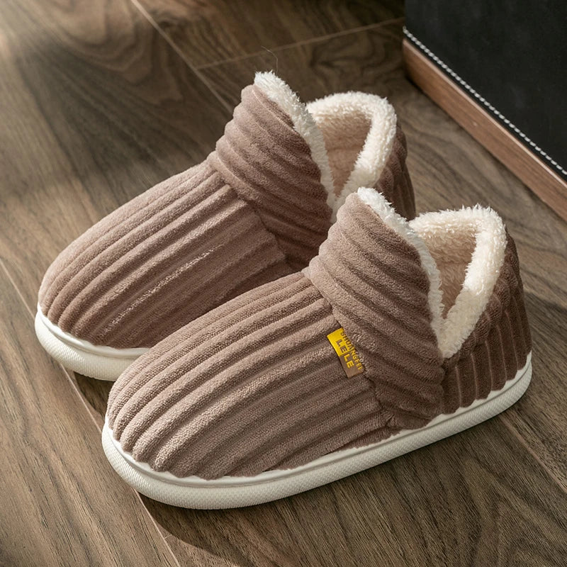 Winter Style Solid Color Wrap Heels Plush Slippers Non-slip Warm Flip Flops Women Men Home Casual Cotton Shoes