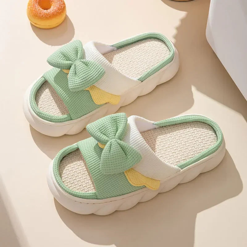 Linen Slippers Women Anti-Slip House Cotton Shoes Cute Bowknot Flat Slipper