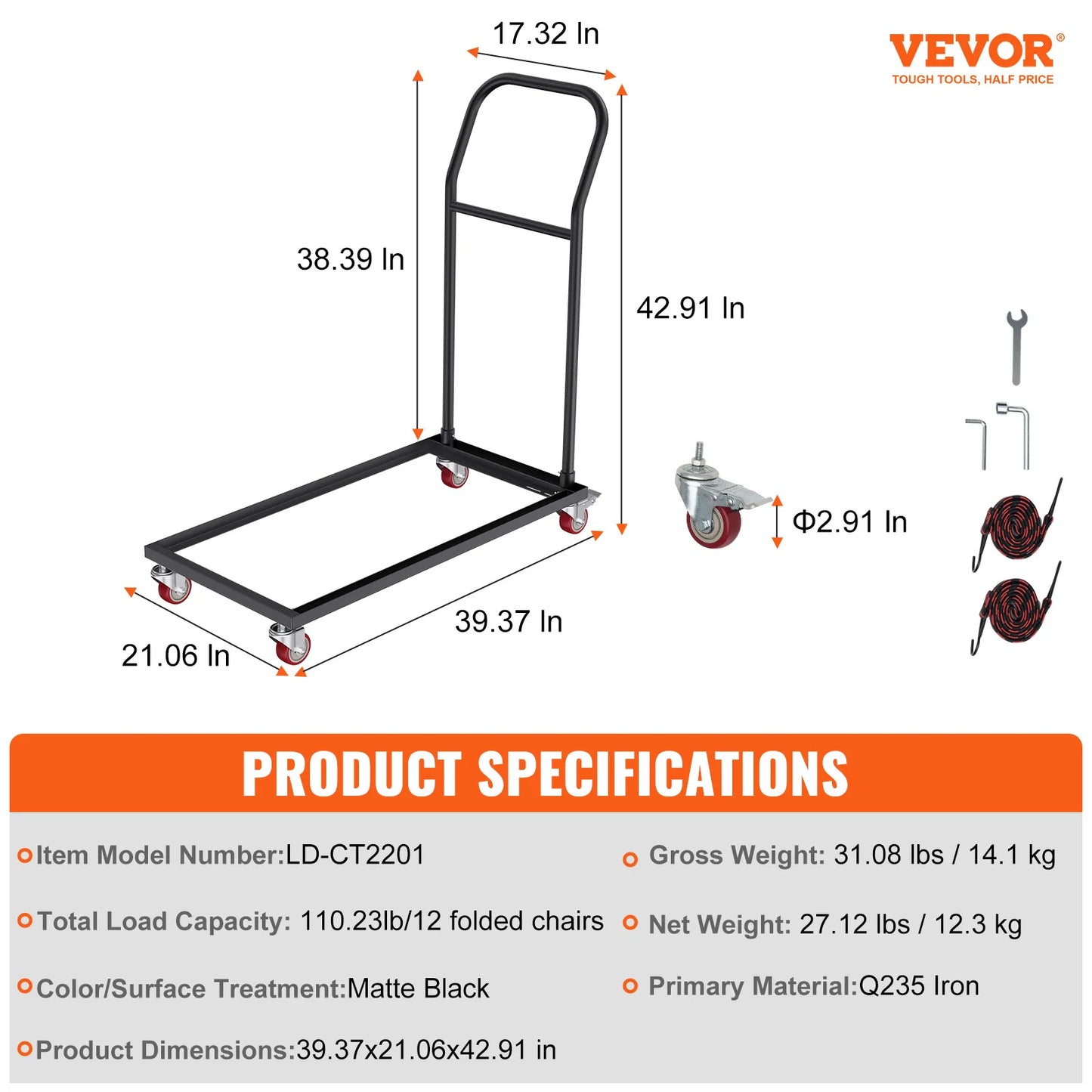 VEVOR Folding Chair Dolly Iron Commercial Folding Chairs Rack Trolley  Storage for Flat Stacking Plastic Resin Wood Chairs Black