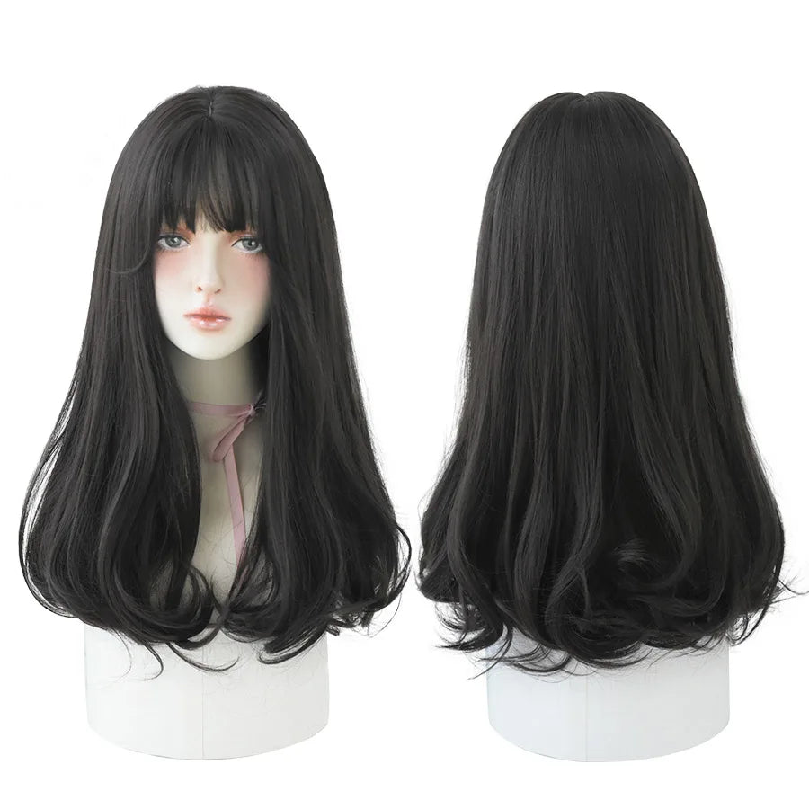 Long Wavy Synthetic Black Wigs For Women With Fringe Fashion Heat Resistant Mid-Length Daily Straight Light Brown Hair