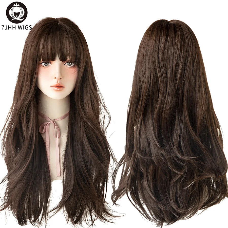 Long Wavy Synthetic Black Wigs For Women With Fringe Fashion Heat Resistant Mid-Length Daily Straight Light Brown Hair