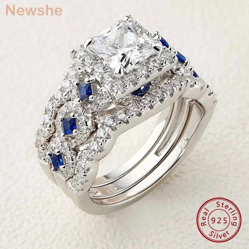 3 Pcs Wedding Rings Set for Women 925 Silver 2.6Ct Princess Cut White Blue AAAAA CZ Luxury Bridal Engagement Jewelry