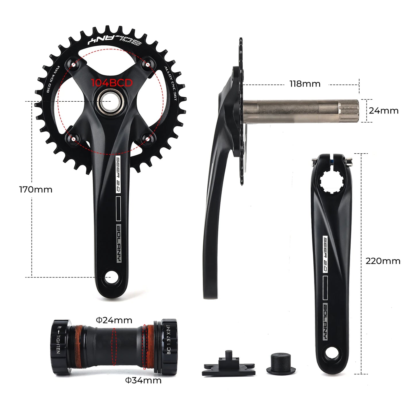 BOLANY Bicycle Crankset 170mm 104BCD Mountain Bike Double Disc Crank with Bottom Bracket 34T 36T 38T Aluminum Alloy Bike Cranks