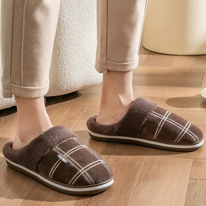 Plaid House Slippers Memory Foam Plush Indoor Male Shoes Warm Home Slippers