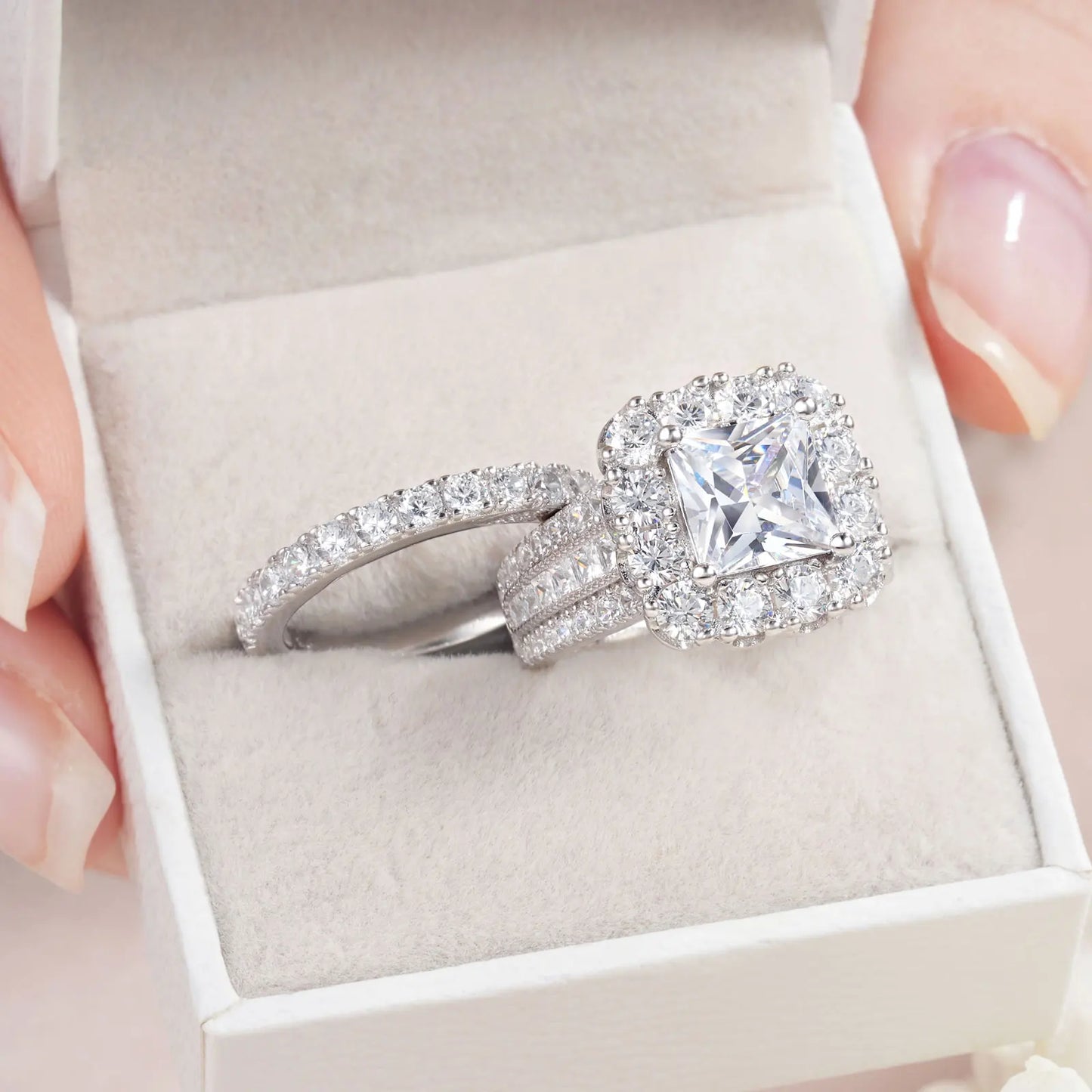 2Pcs 925 Silver Wedding Rings Set for Women Halo Princess Cut White Cubic Zircon Vintage Luxury Jewelry Engagement Ring