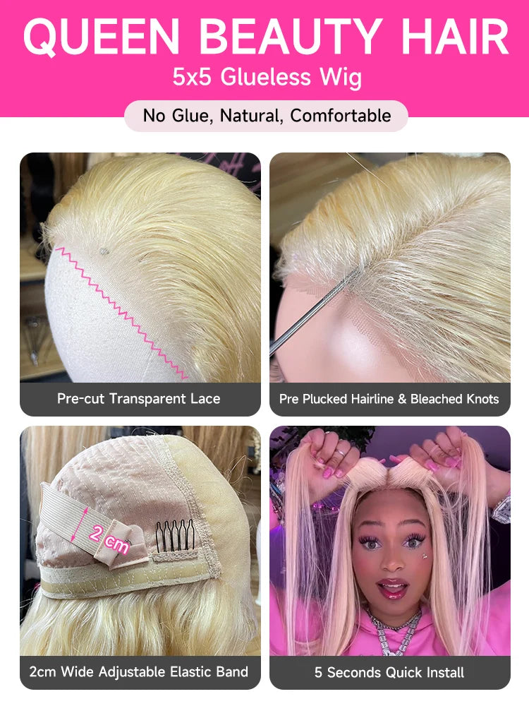 613 Glueless Wigs Human Hair 5x5 Lace Closure Wig Remy Straight Blonde Pre Plucked Glueless Wig 100% Human Hair Wigs Ready To Go