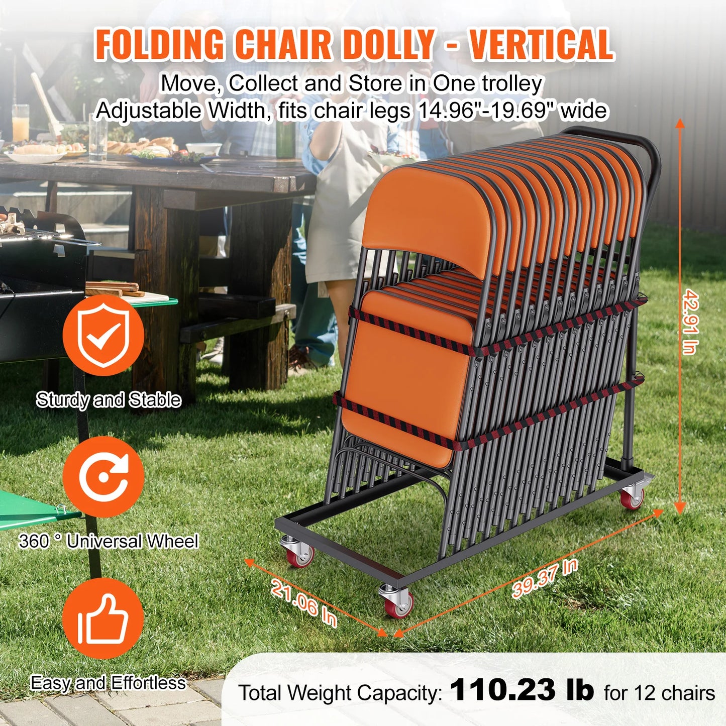 VEVOR Folding Chair Dolly Iron Commercial Folding Chairs Rack Trolley  Storage for Flat Stacking Plastic Resin Wood Chairs Black