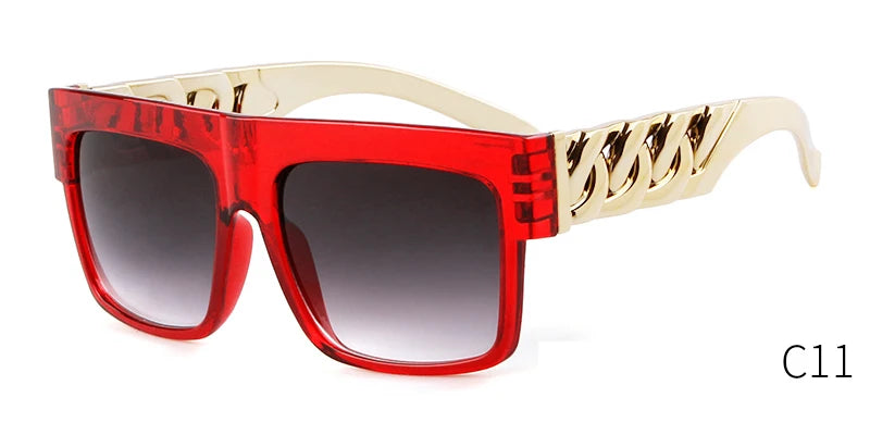 Oversized Sunglasses Men Women Brand Design Flat Top Retro Square Black Sun Glasses Gold Plastic Chain Frame