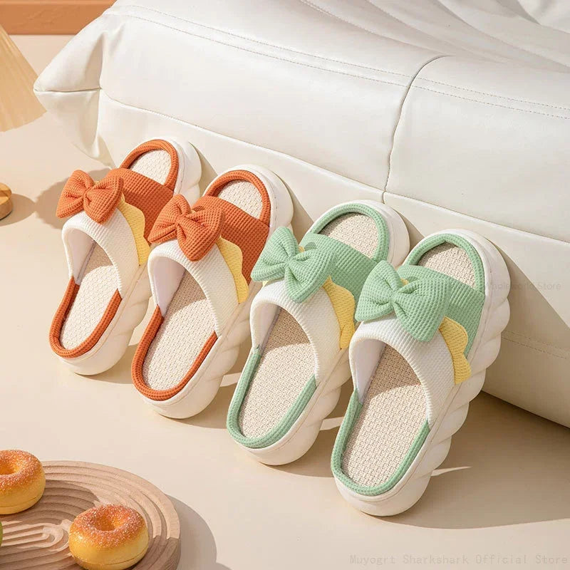 Linen Slippers Women Anti-Slip House Cotton Shoes Cute Bowknot Flat Slipper