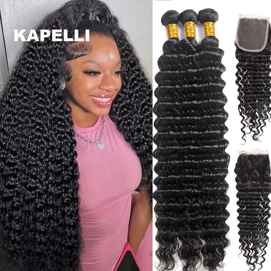 12A Deep Curly Wave Human Hair Bundles With Closure 4x4 13x4 Lace Frontal with Bundle 32 Inch Remy Unprocessed Raw Virgin Hair