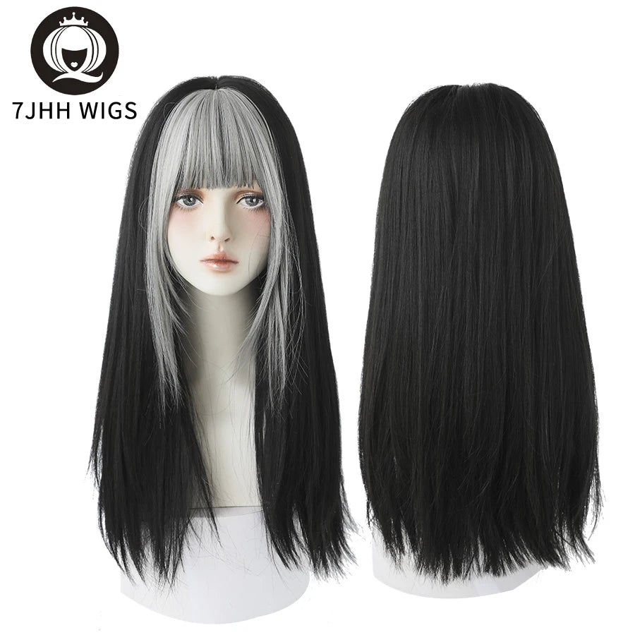 Long Wavy Synthetic Black Wigs For Women With Fringe Fashion Heat Resistant Mid-Length Daily Straight Light Brown Hair