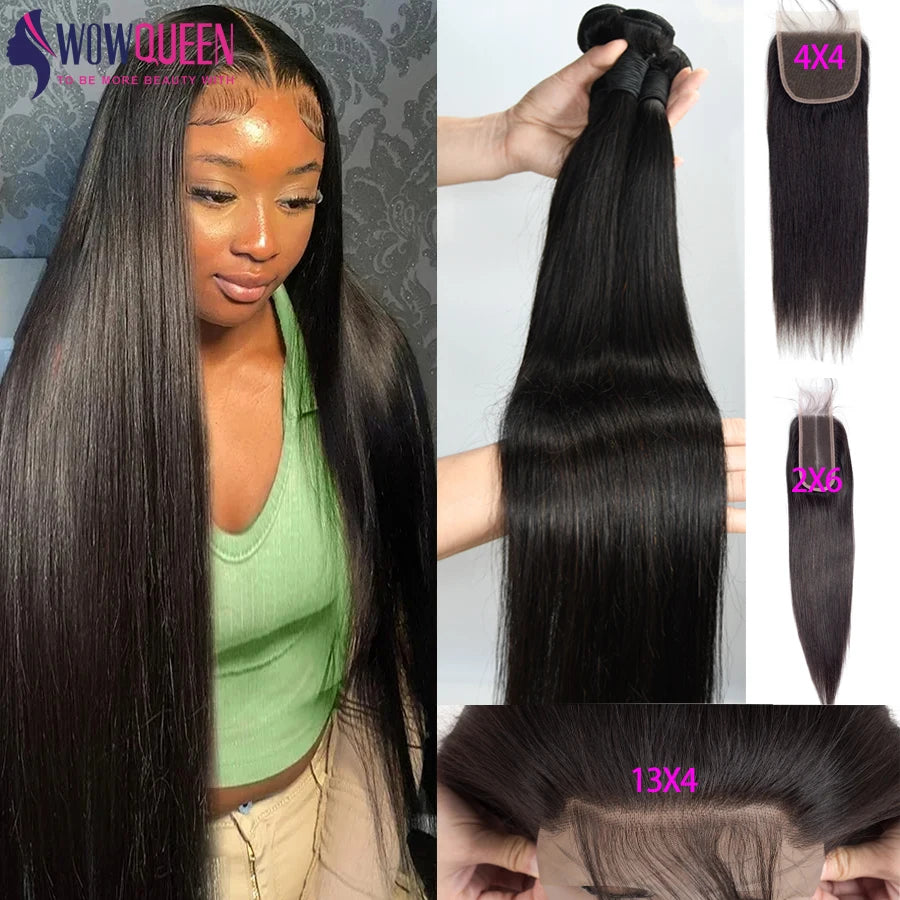 Straight Human Hair Bundles with Closure 2x6 4x4 Raw Brazilian Hair Extensions Weave 3 4 Bundles with 13x4 Transparent Frontal