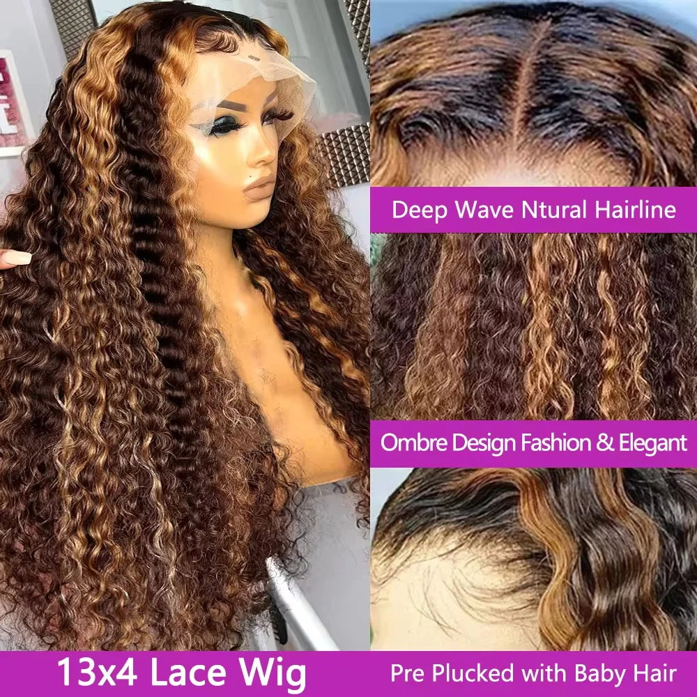 40 Inch Highlight Honey Brown Curly Lace Front Human Hair Wigs 13x6 Ombre Colored 13x4 Deep Wave Lace Frontal Wig 200 Density