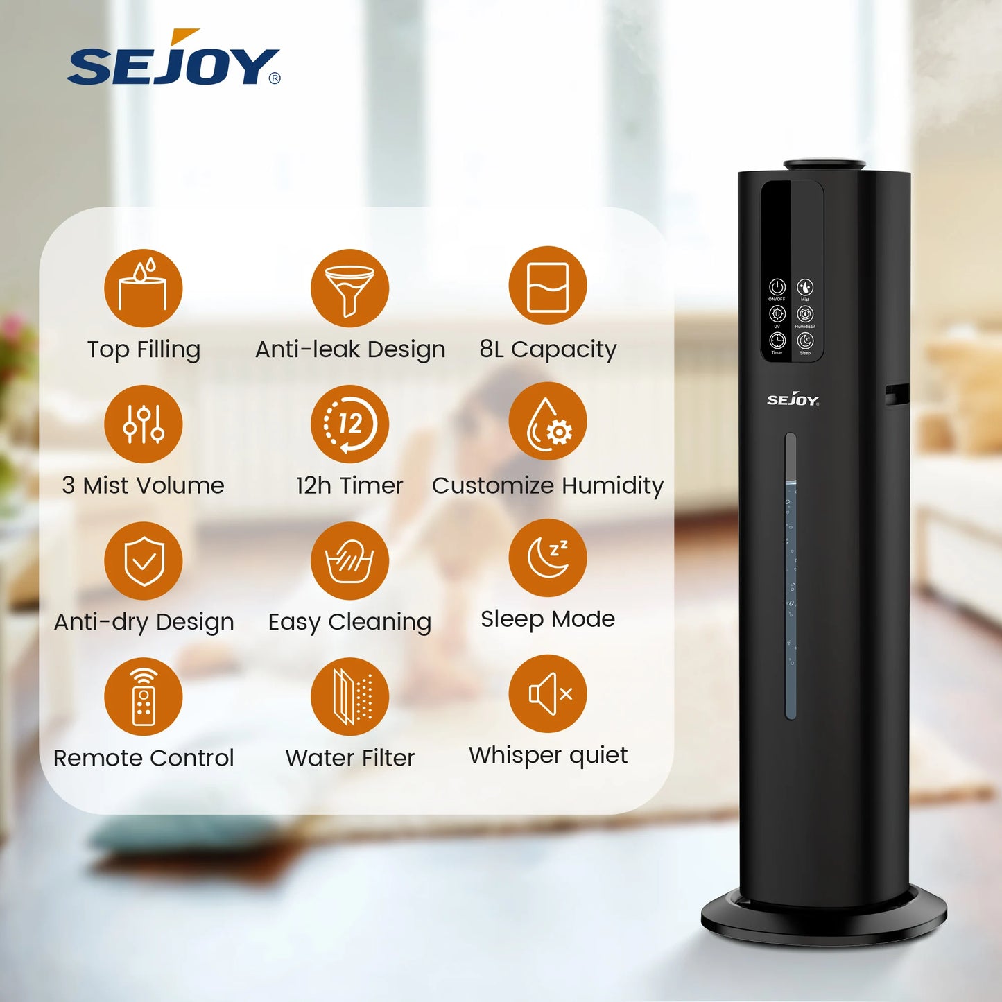 Sejoy Electric Air Humidifier 8L for Bedroom Air Purifier Mist Maker Intelligent Remote Control Touch Screen Aromatherapy Fog UV