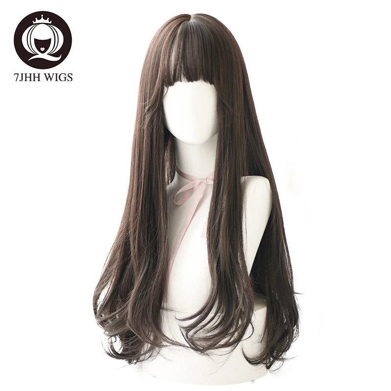 Long Wavy Synthetic Black Wigs For Women With Fringe Fashion Heat Resistant Mid-Length Daily Straight Light Brown Hair