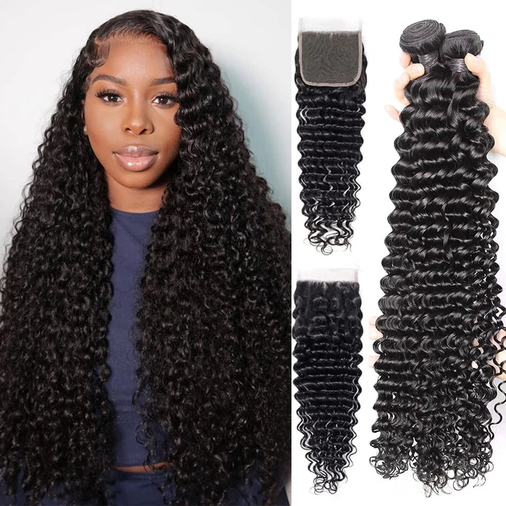 12A Deep Curly Wave Human Hair Bundles With Closure 4x4 13x4 Lace Frontal with Bundle 32 Inch Remy Unprocessed Raw Virgin Hair