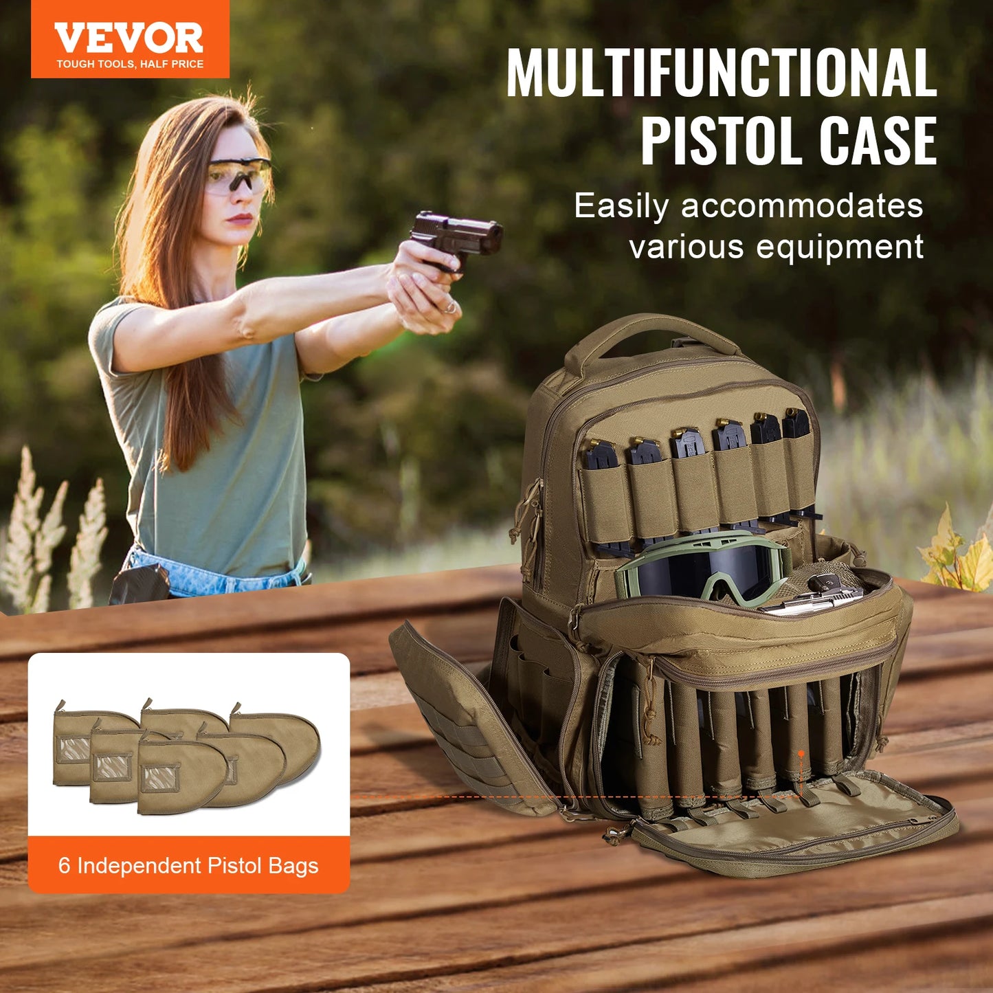 VEVOR Tactical Range Backpack 2/6 Pistols Gun Backpack with Independent Pistol Bags & 6/10 Magazines Pistol Backpack for Outdoor