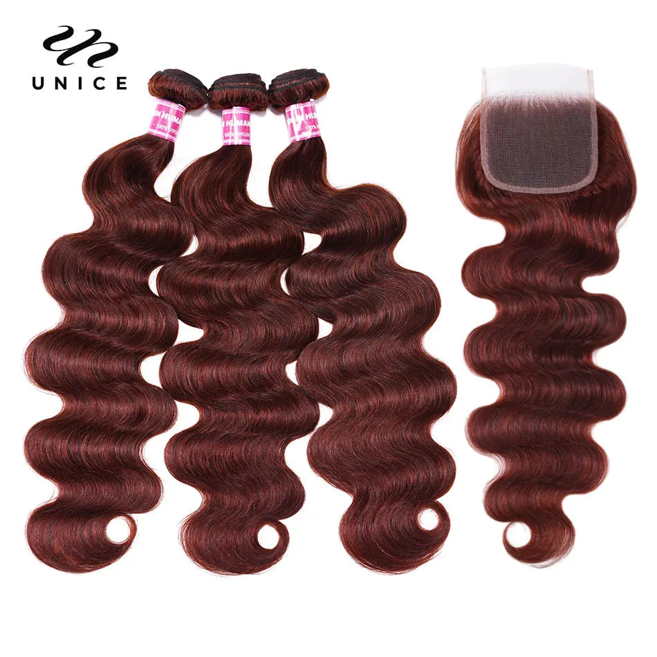 Reddish Brown Body Wave Human Hair Bundles With Closure 100% Human Hair 3/4 Bundles with 4x4 Lace Closure 250% Lace Wig