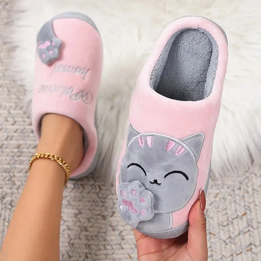 Warm Fur Slippers Cartoon Cat Non-Slip Women Soft House Indoor Home Bedroom Memory Foam Floor Shoes