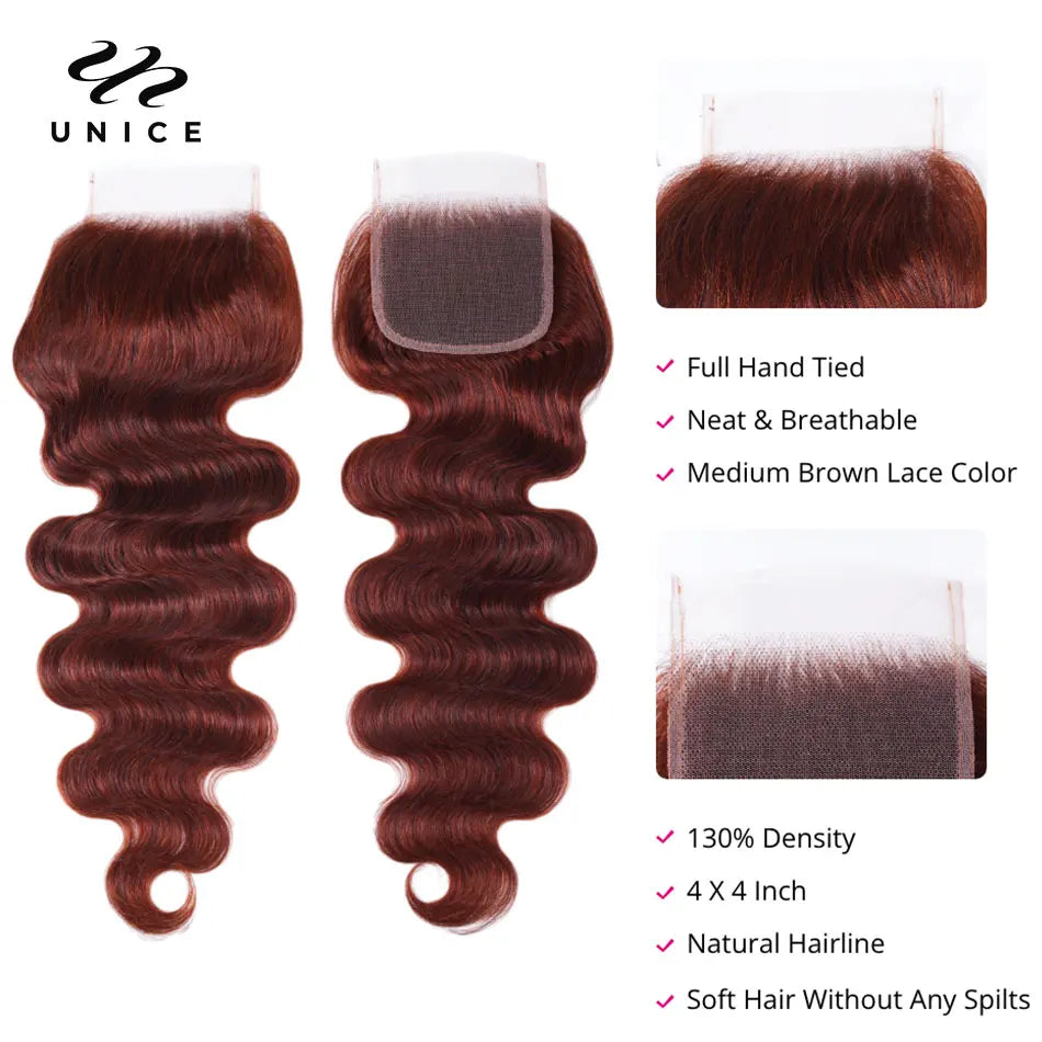 Reddish Brown Body Wave Human Hair Bundles With Closure 100% Human Hair 3/4 Bundles with 4x4 Lace Closure 250% Lace Wig