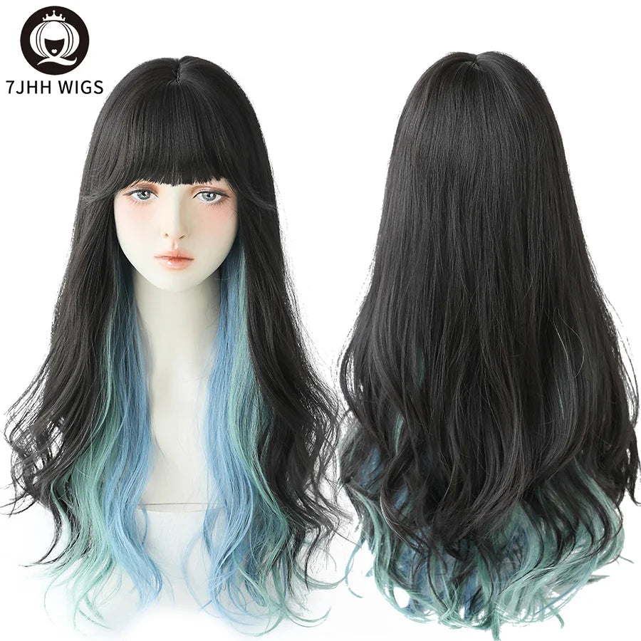 Long Wavy Synthetic Black Wigs For Women With Fringe Fashion Heat Resistant Mid-Length Daily Straight Light Brown Hair