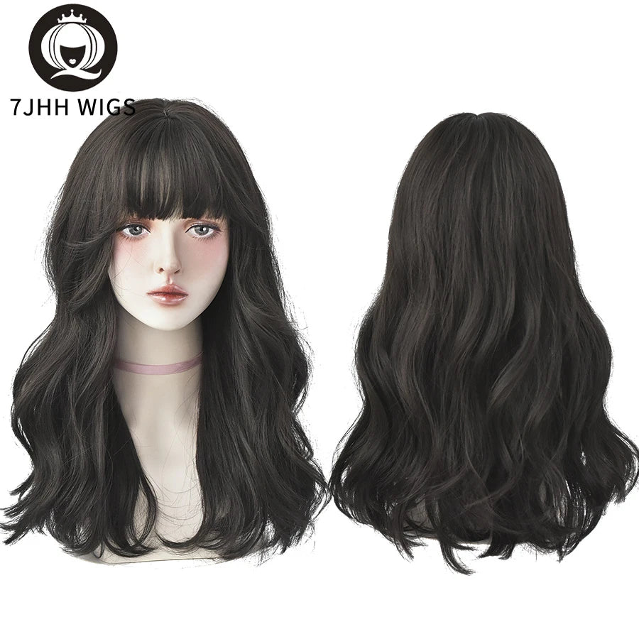 Long Wavy Synthetic Black Wigs For Women With Fringe Fashion Heat Resistant Mid-Length Daily Straight Light Brown Hair