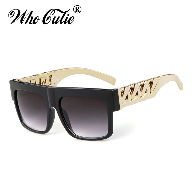 Oversized Sunglasses Men Women Brand Design Flat Top Retro Square Black Sun Glasses Gold Plastic Chain Frame