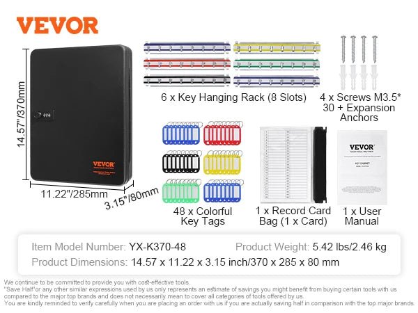 VEVOR 48/100/200-Key Cabinet Key Lock Box W/ Adjustable Racks Security Key Storage Box Key Organizer for School Office Hotel