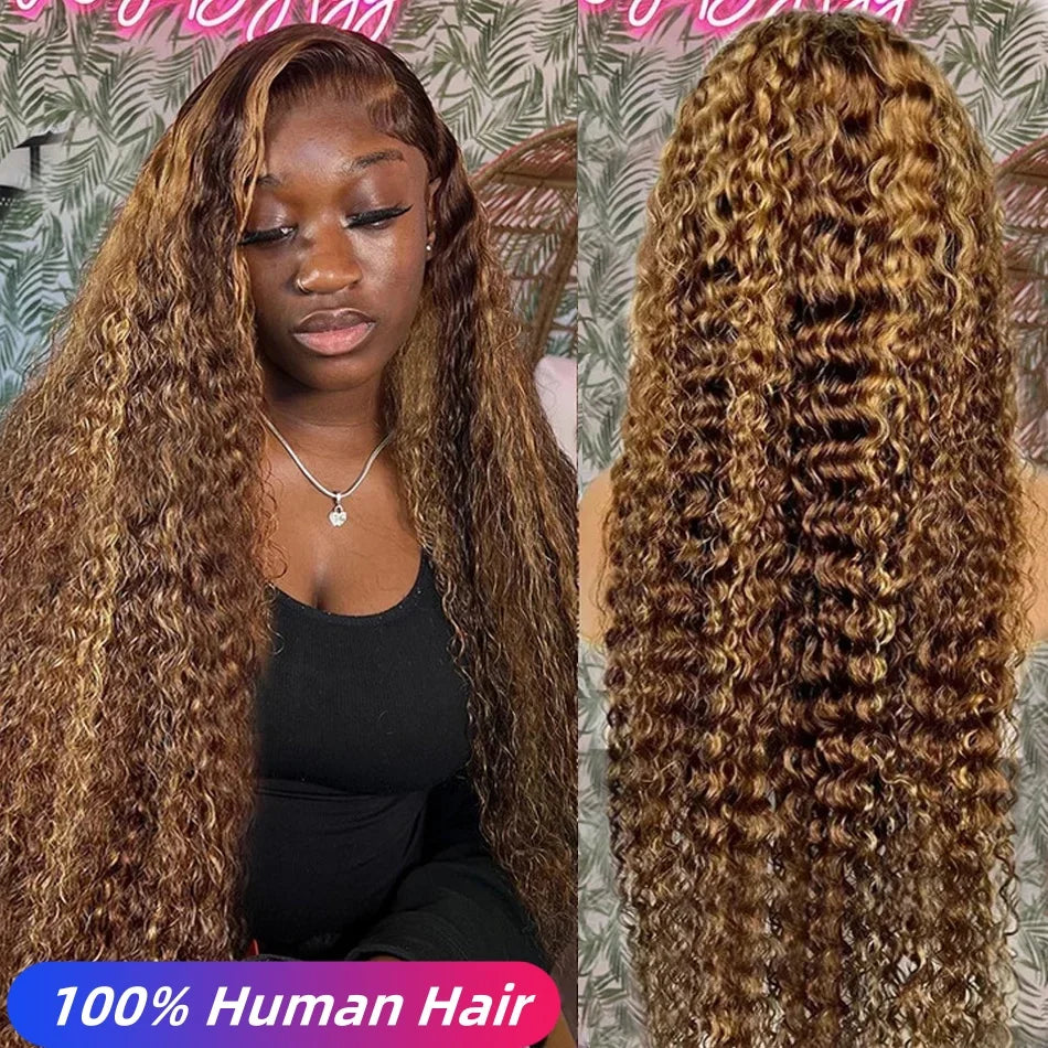 Deep Wave P4/27 Color Curly Wigs 200 Density 13x4 HD Transparent Lace Front Human 100% Natural Brazilian Hair Frontal Wigs