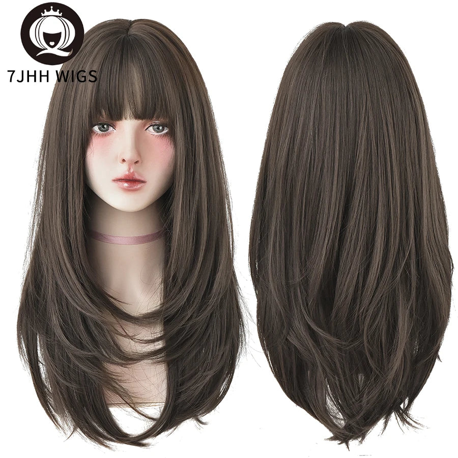 Long Wavy Synthetic Black Wigs For Women With Fringe Fashion Heat Resistant Mid-Length Daily Straight Light Brown Hair