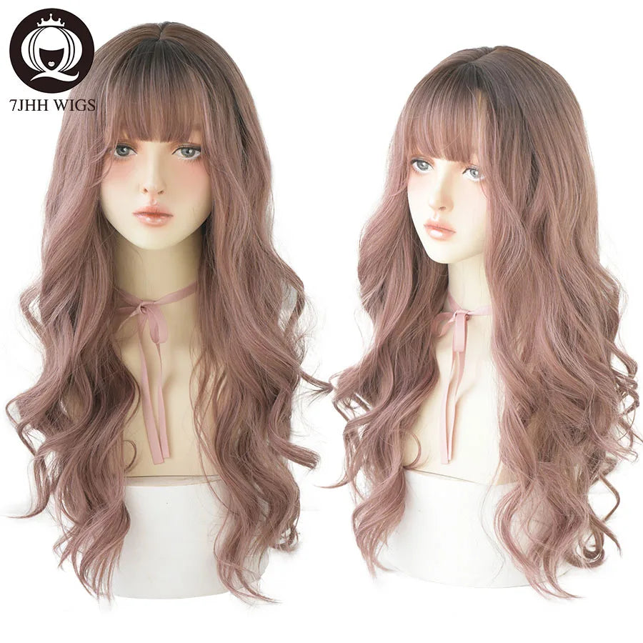 Long Wavy Synthetic Black Wigs For Women With Fringe Fashion Heat Resistant Mid-Length Daily Straight Light Brown Hair