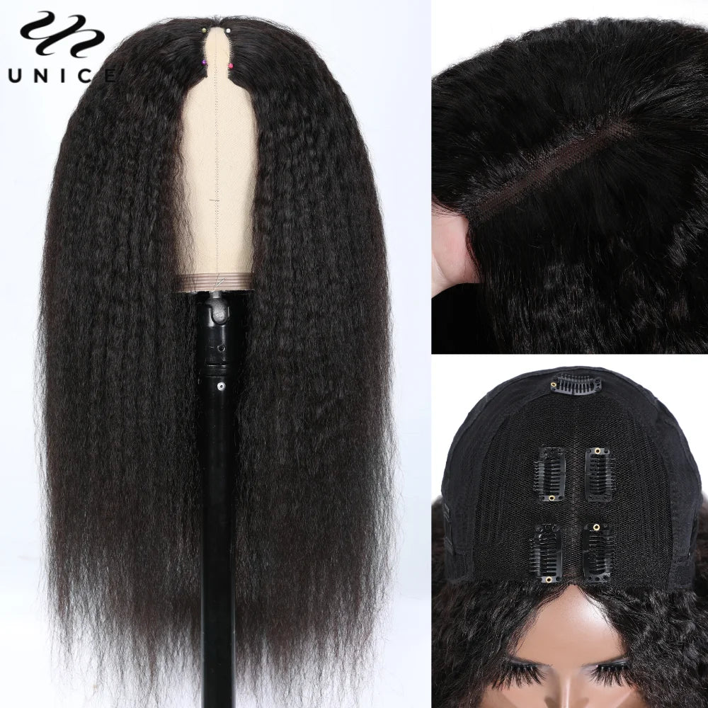 Hair Kinky Straight V Part Wig U Part Wig 100% Human Hair No Glue Minimal Leave Out Easy Contour V Part Wig With Drawstring