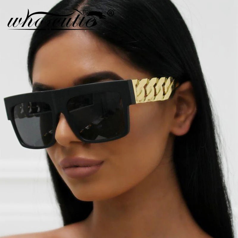 Oversized Sunglasses Men Women Brand Design Flat Top Retro Square Black Sun Glasses Gold Plastic Chain Frame