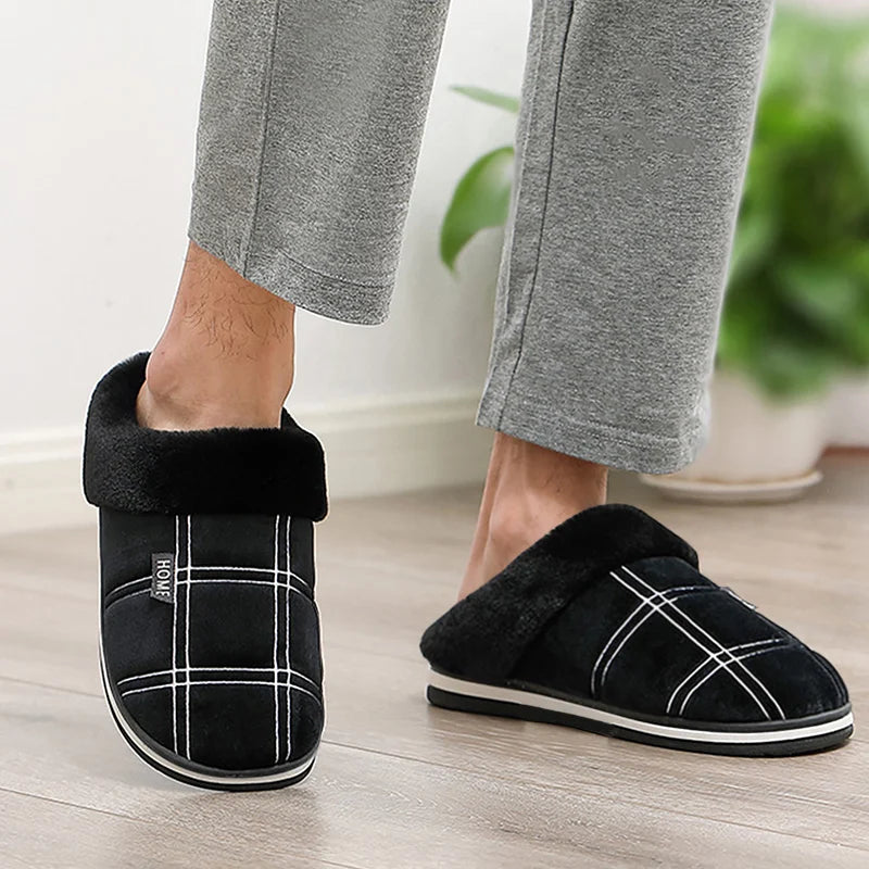 Plaid House Slippers Memory Foam Plush Indoor Male Shoes Warm Home Slippers