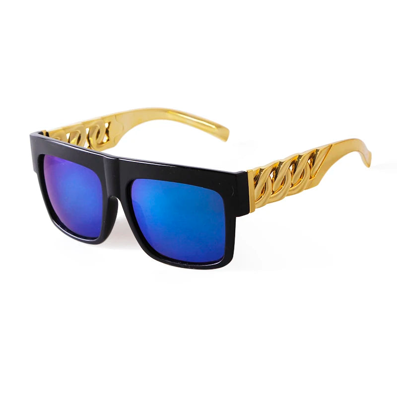 Oversized Sunglasses Men Women Brand Design Flat Top Retro Square Black Sun Glasses Gold Plastic Chain Frame