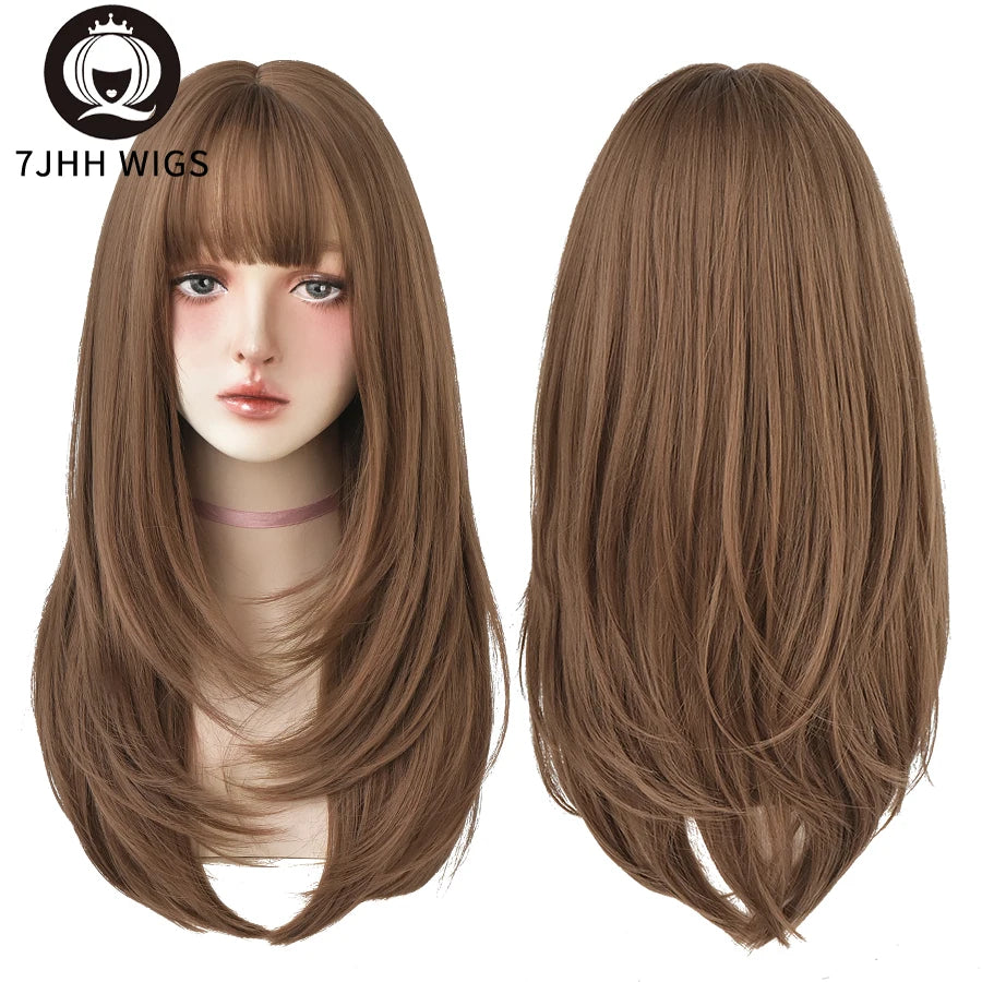 Long Wavy Synthetic Black Wigs For Women With Fringe Fashion Heat Resistant Mid-Length Daily Straight Light Brown Hair