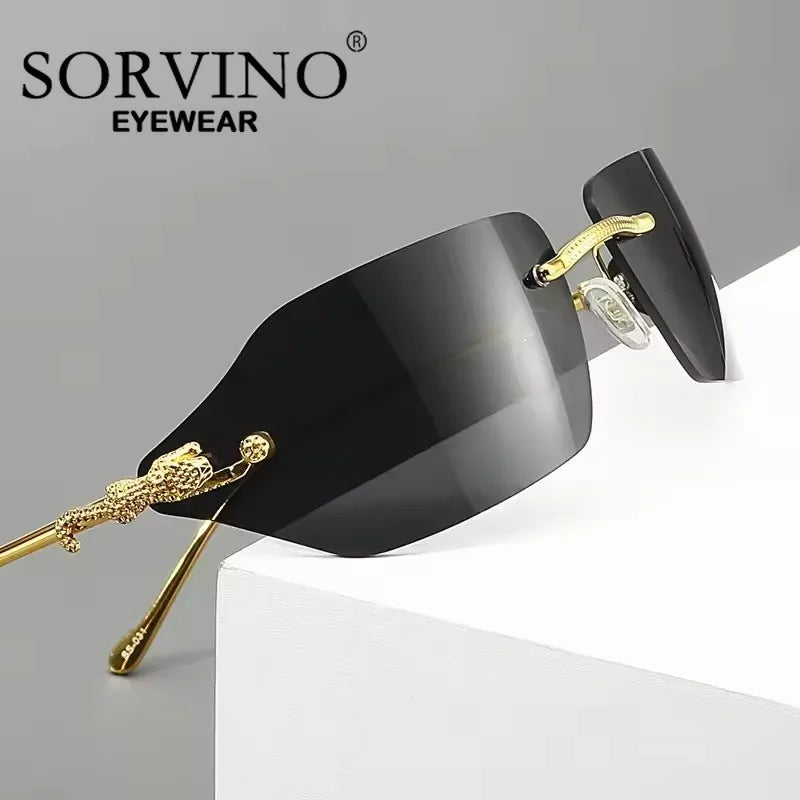 Retro Leopard Sunglasses For Women Men Metal Gold Polygon Rimless Gradient Brand Fashion Glasses UV400