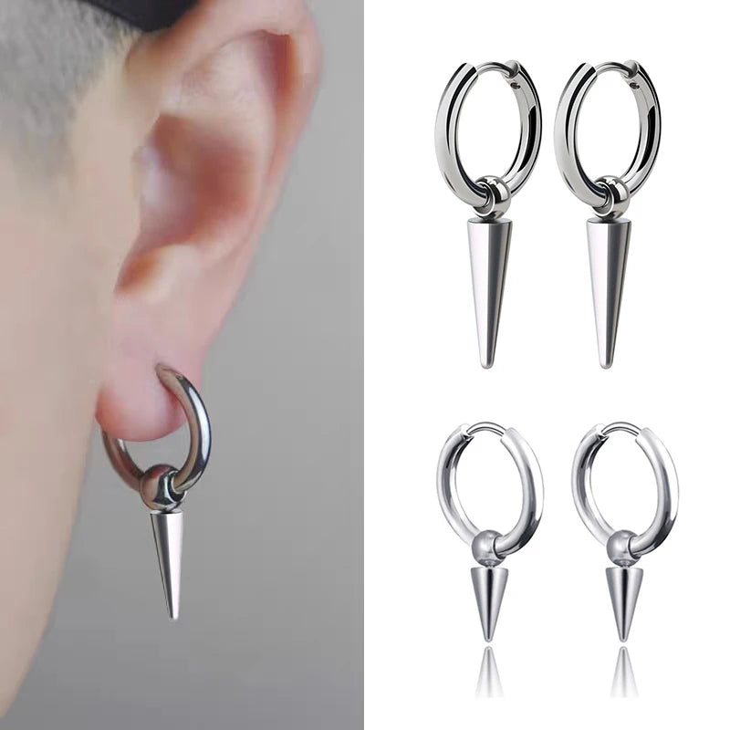 Rock Cone Pendant Hoop Earrings Female Male Stainless Steel Jewelry